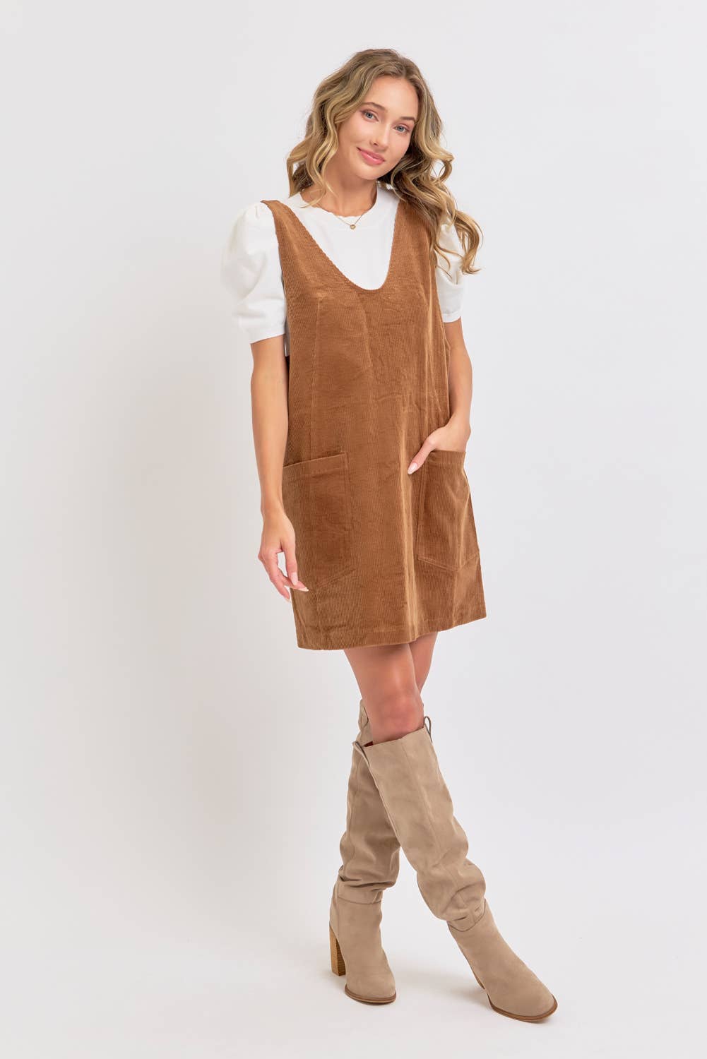 CASUAL OVERALL CORDUROY DRESS CAMEL