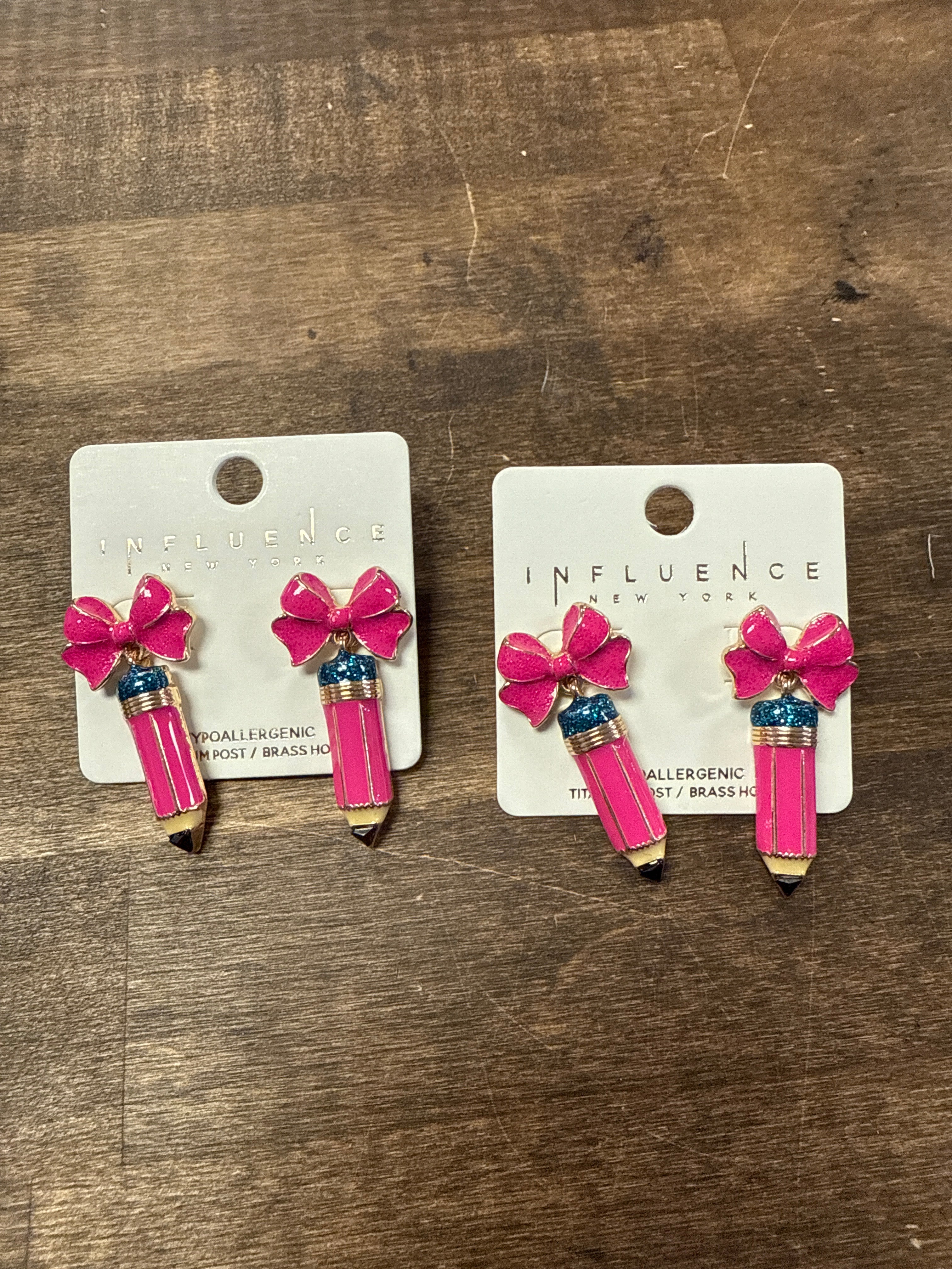 Pink pencil with bow earrings