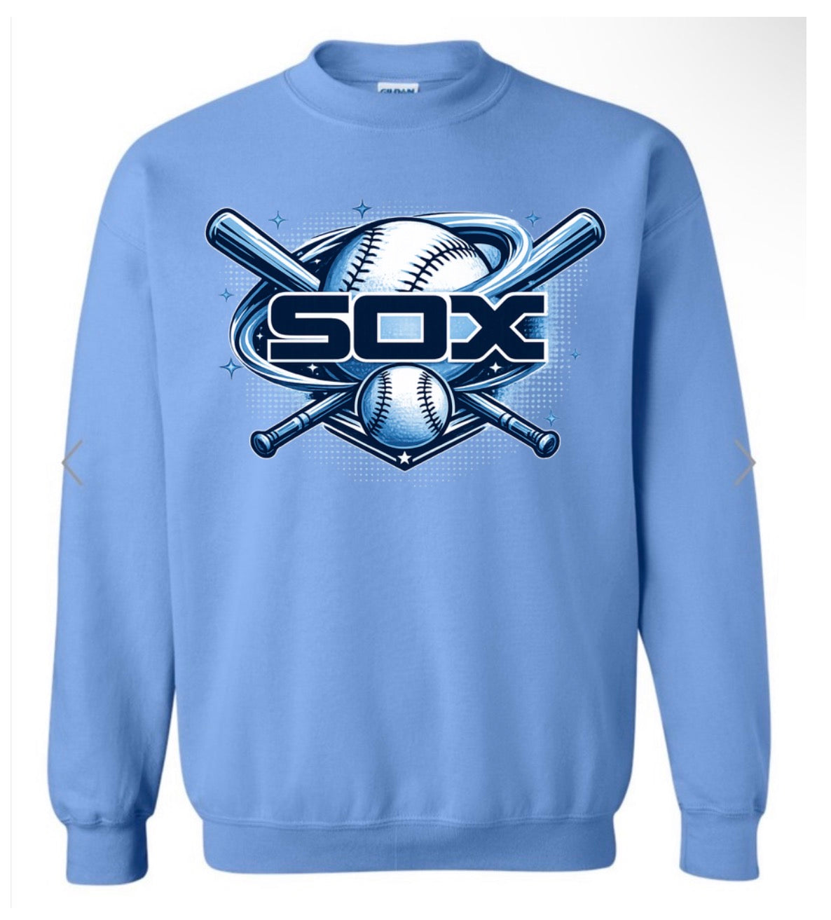 Sox Baseball with ball and double bat on Carolina blue