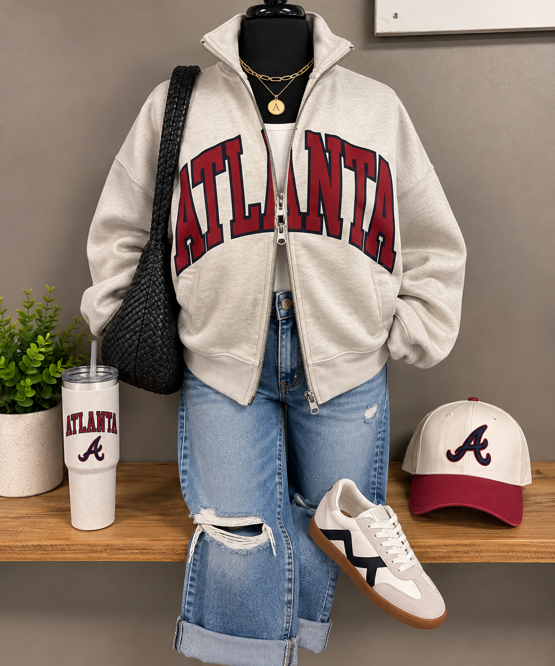 ATLANTA grey varsity dual zip fleece jacket
