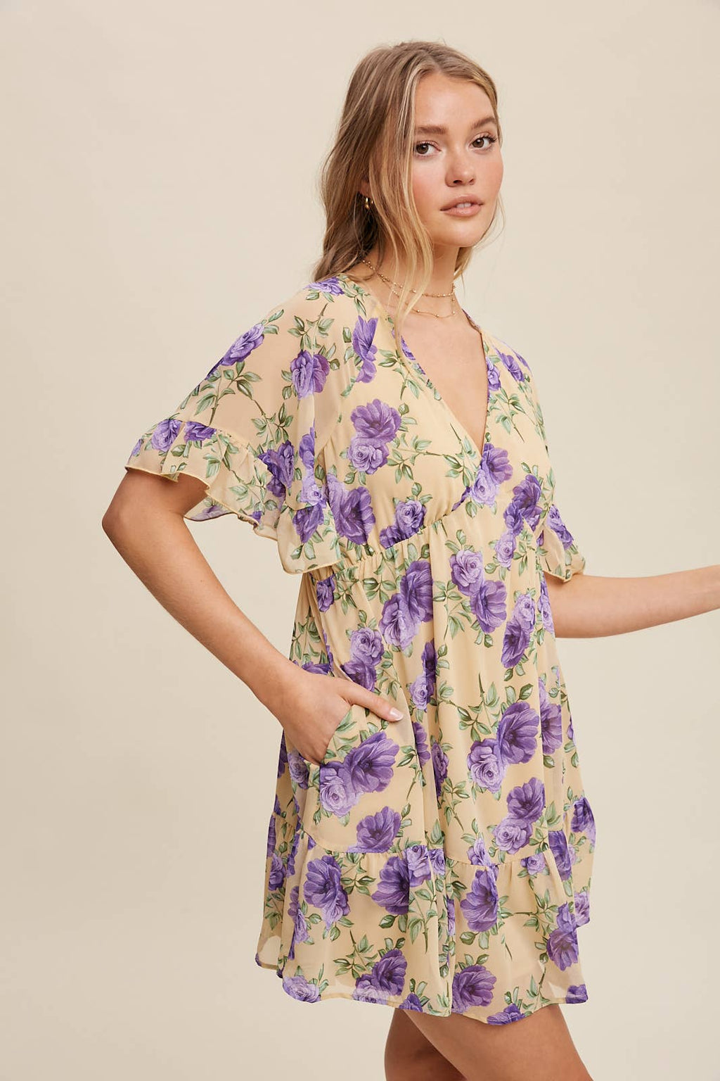 Floral Ruffle Sleeve Mini Dress: Cream