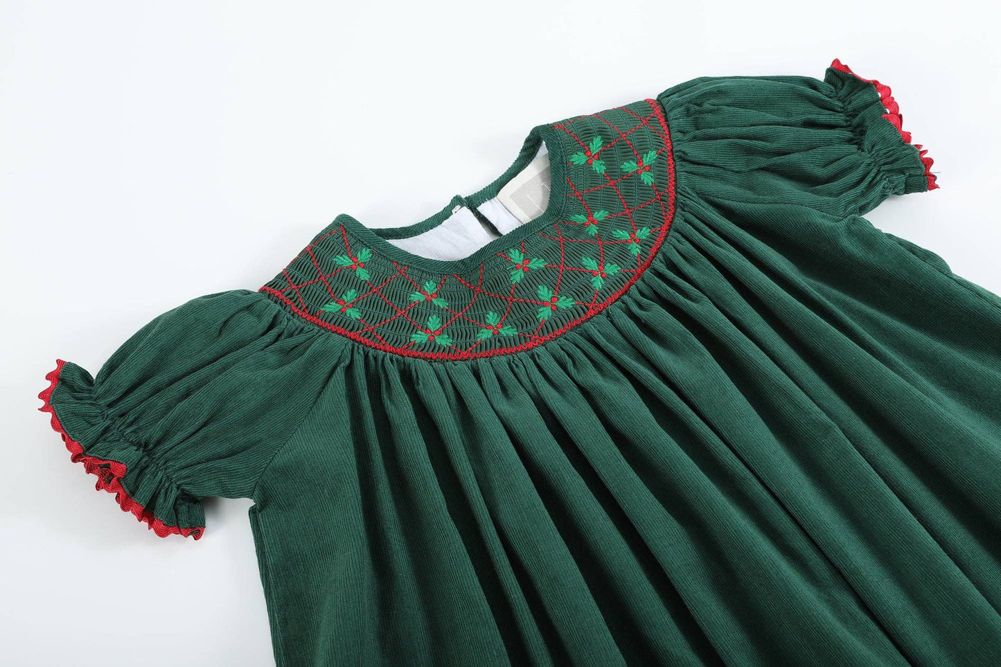 Youth Green Christmas Mistletoe Smocked Bishop Dress