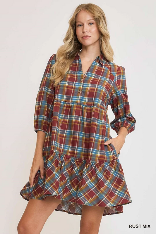 Rust Mix Checkered Collared Mini Dress