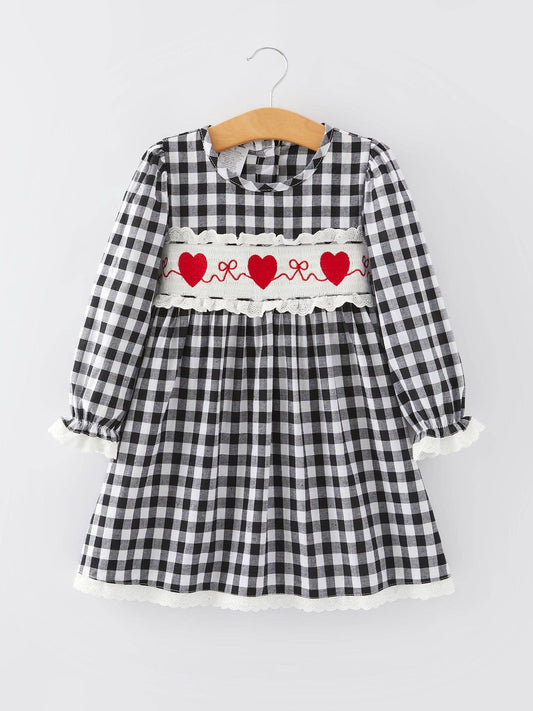 Black and white Plaid heart and bows Smocking Embroidery Long Sleeve Girls Dress