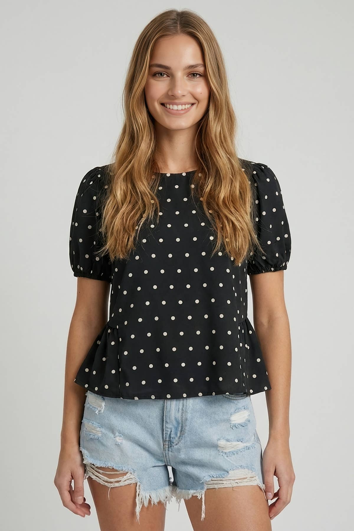POLKA DOT SSLV PEPLUM BLOUSE - 45917T: Beige / L
