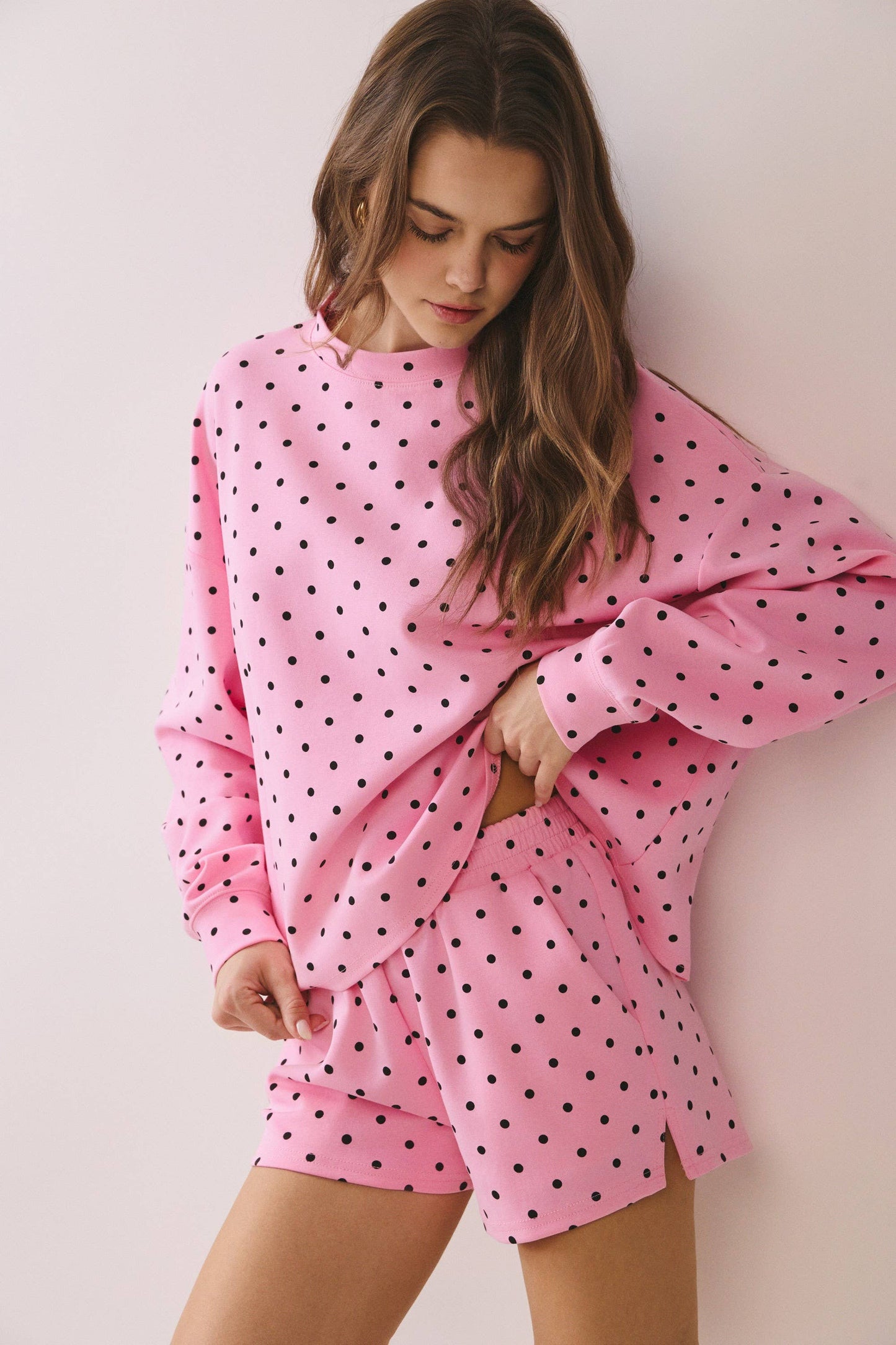 Polka Dot Print Drop Shoulder Pullover Top: Pink