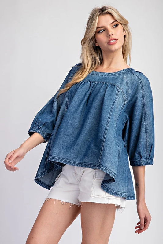 DENIM MINERAL WASHED 3/4 SLEEVE TOP