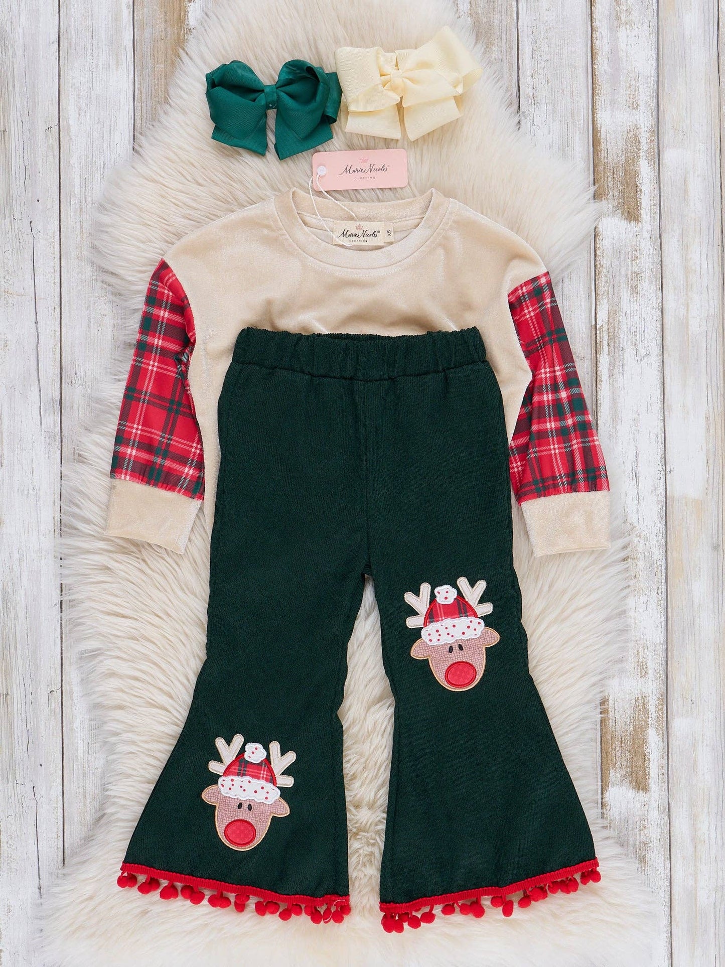 Red Plaid & Green Reindeer Cheer Bell Bottoms Outfit