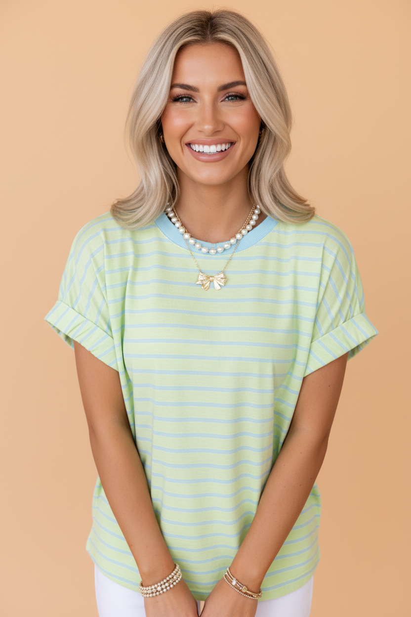 Stripe Round Neck Short Sleeve T-Shirt: Green Stripe