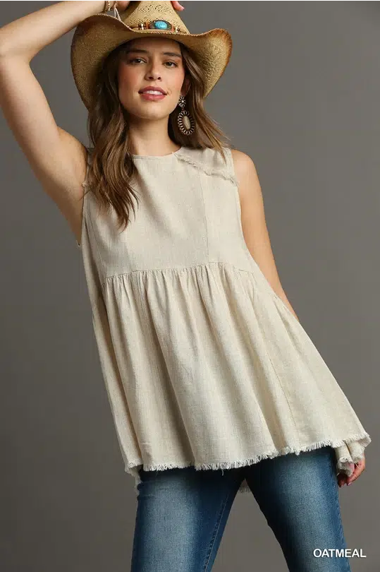 Linen Round Neck Sleeveless Patched & Frayed Tunic Top