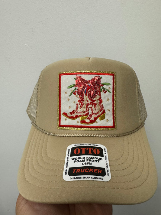 Red Christmas Boots Cream Trucker Hat