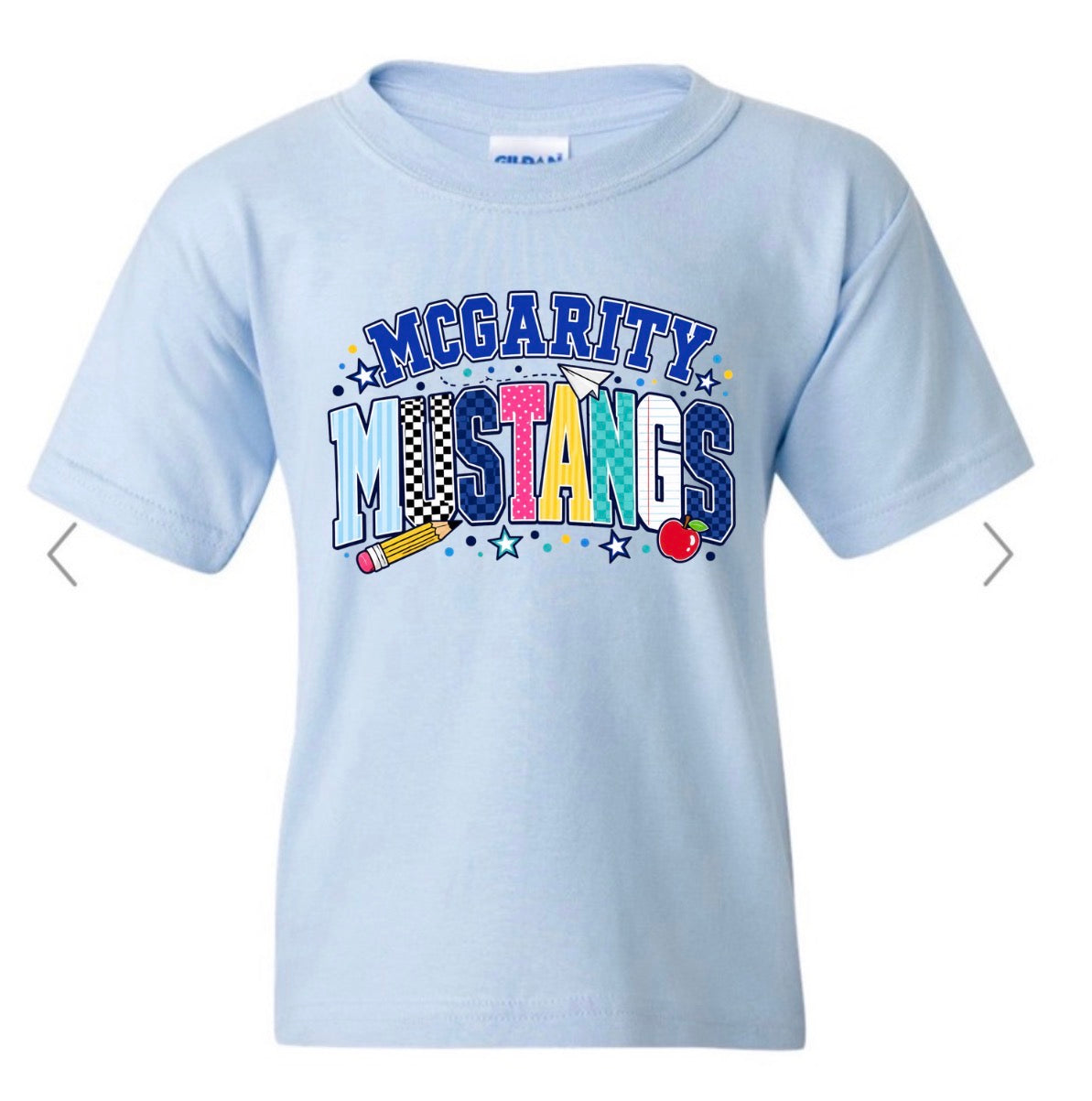 Mcgarity Mustangs Colorful on light blue gildan