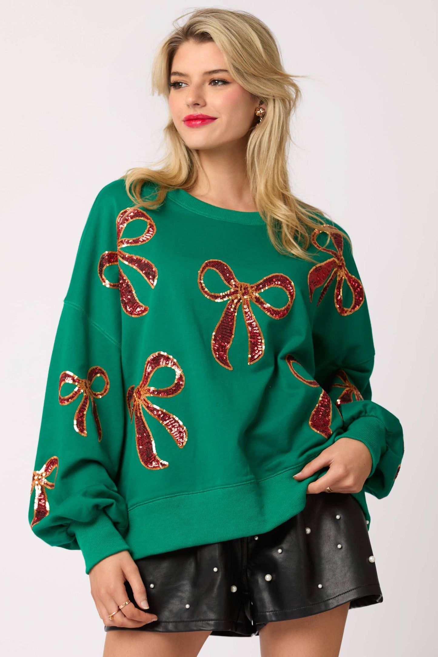 Christmas Bow Embroidery Oversized Green Sweatshirts