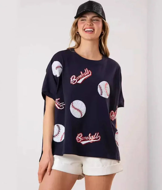 Navy Cotton Loose Fit Short Sleeve Top with Baseball Sequins