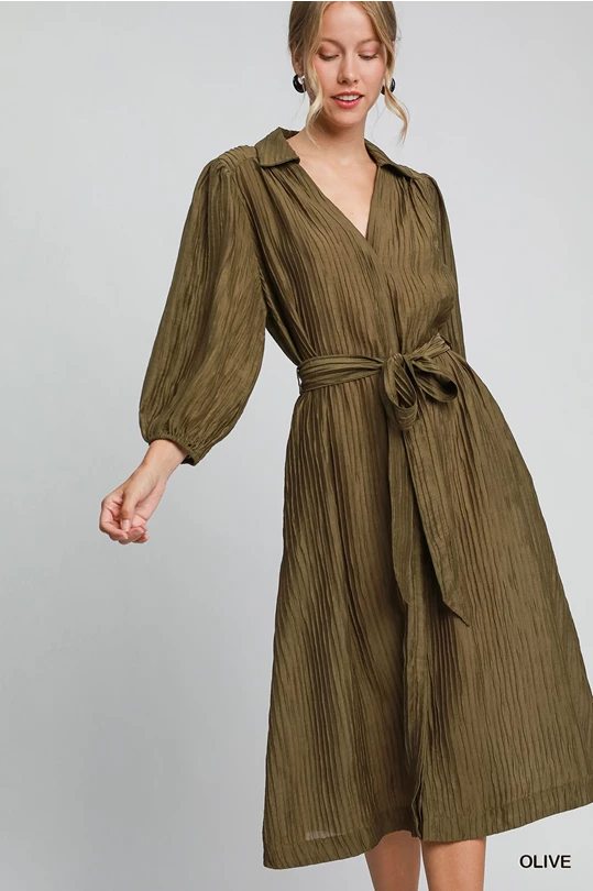 Olive Crinkle Collared Midi Dress