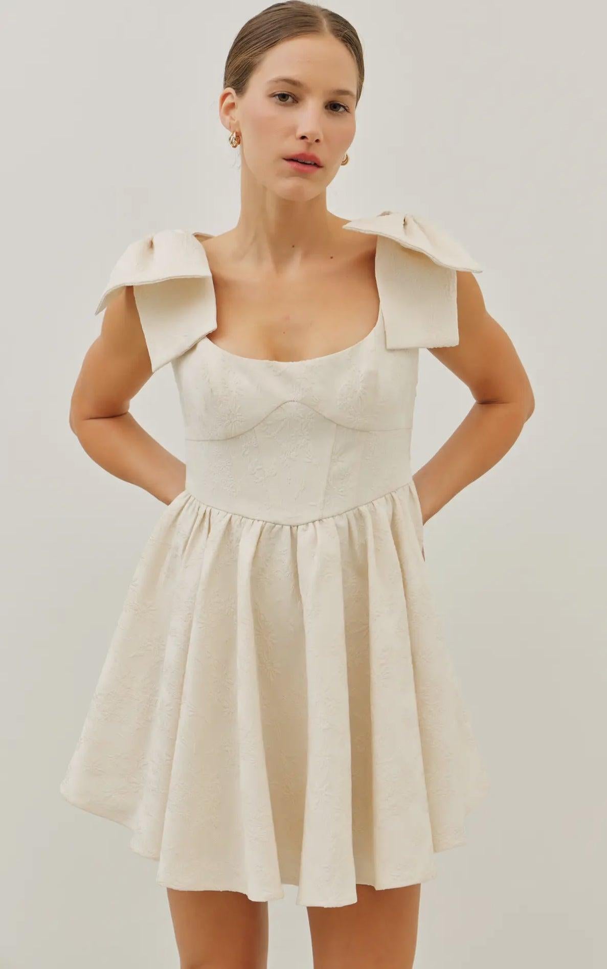 Lovely Textured Flare Mini Dress With Bow Straps-Cream