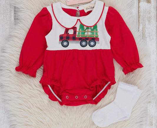 Youth Embroidered Red Christmas Tree Truck Ruffle Bubble