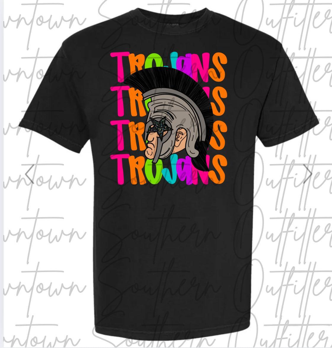 Trojans Multi Color Neon Stacked Black Tee