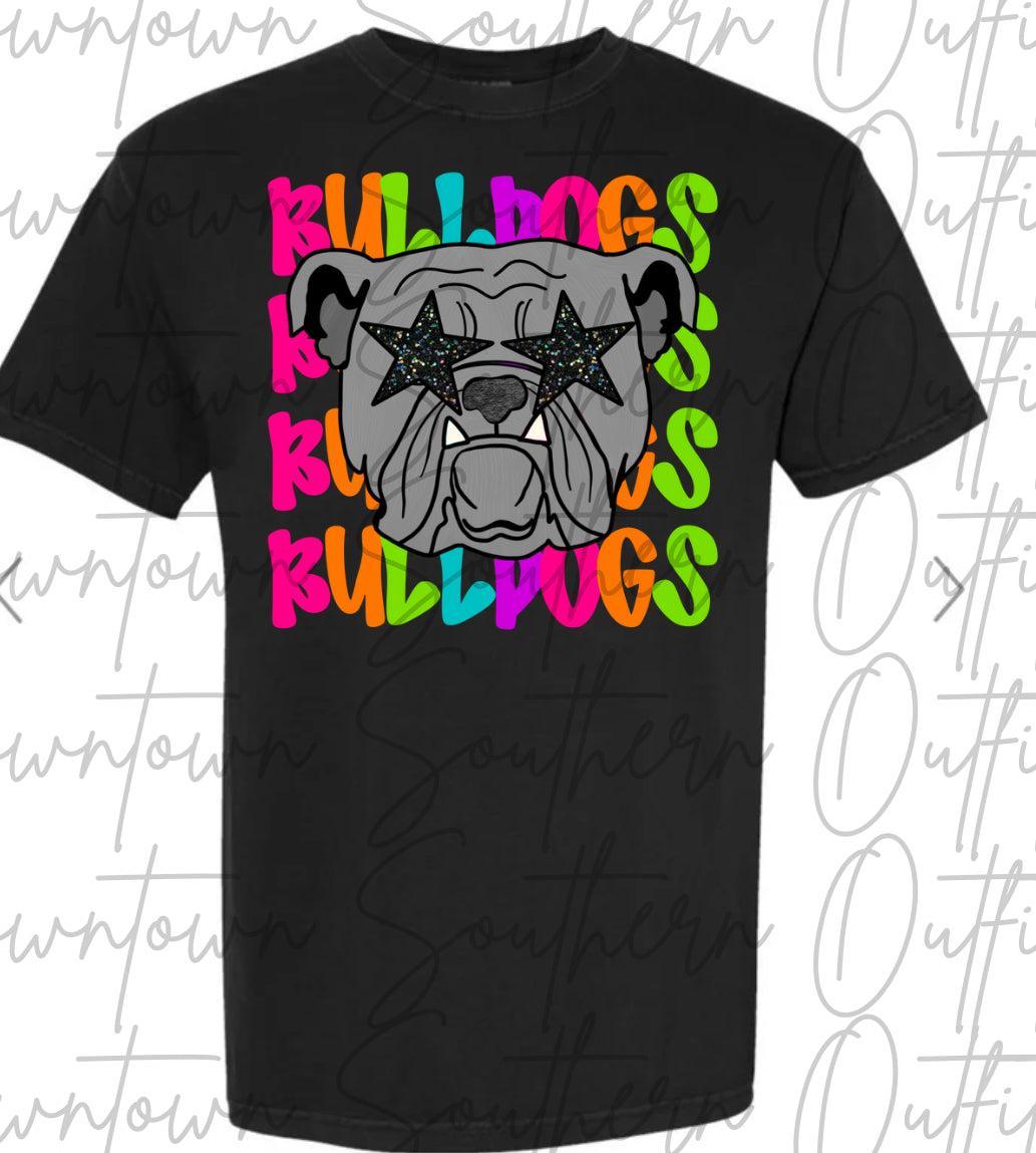 Bulldogs Multi Color Neon Stacked Black Tee