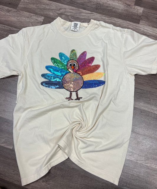 Colorful Turkey Sequin Patch Embroidered Tee