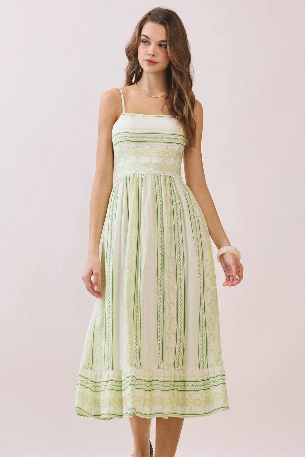 Mixed Striped Smocked Bodice Midi Dress: Green
