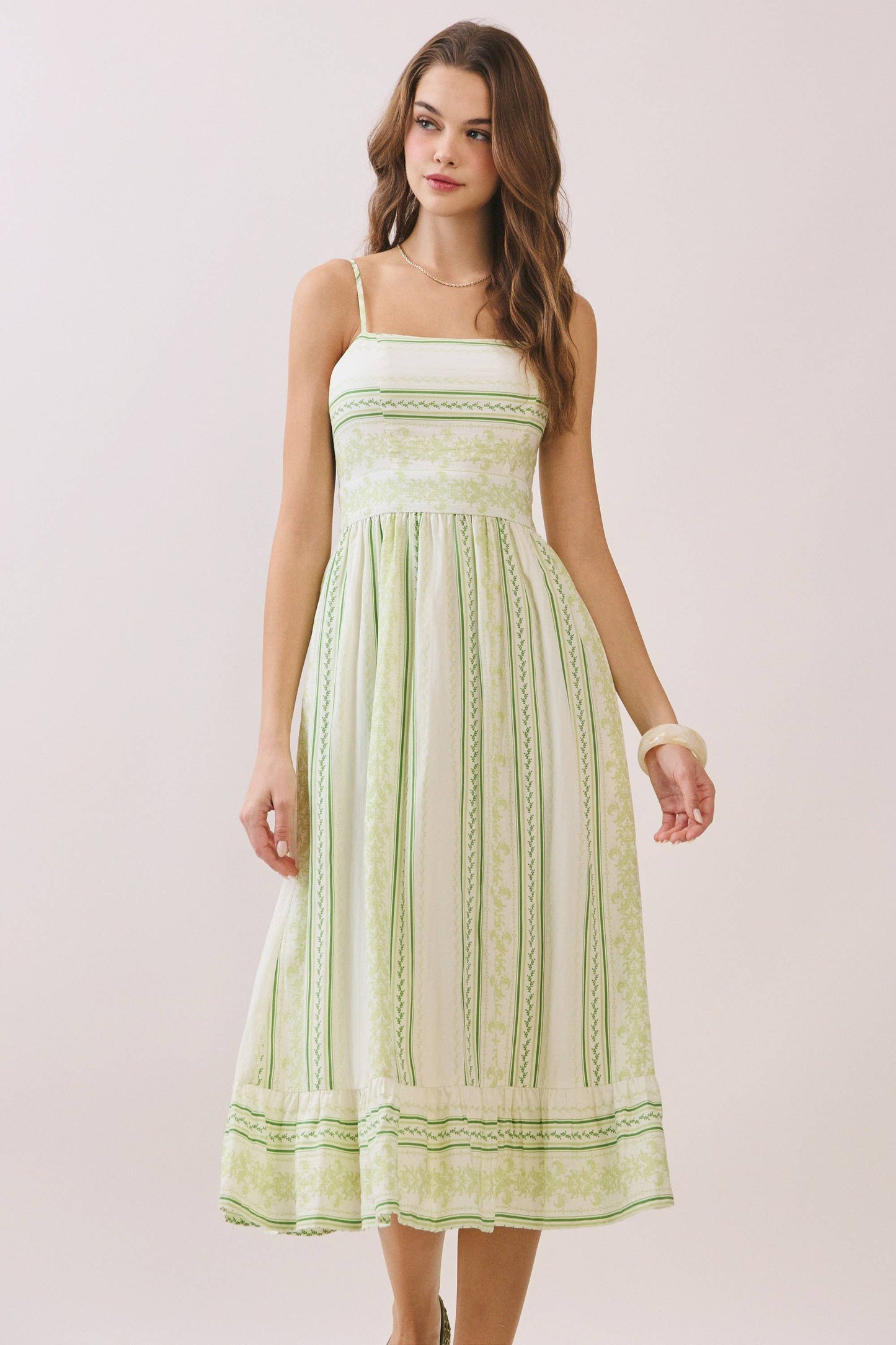 Mixed Striped Smocked Bodice Midi Dress: Green