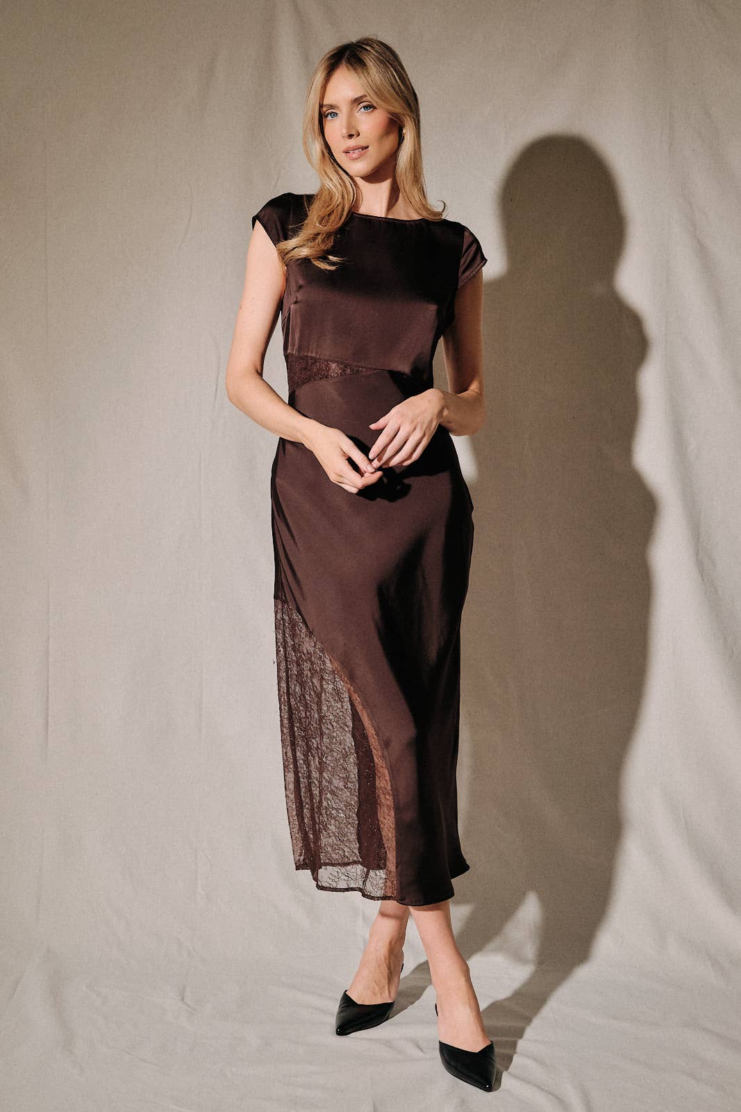 Brown Satin Boat Neck Lace Insert Midi Dress