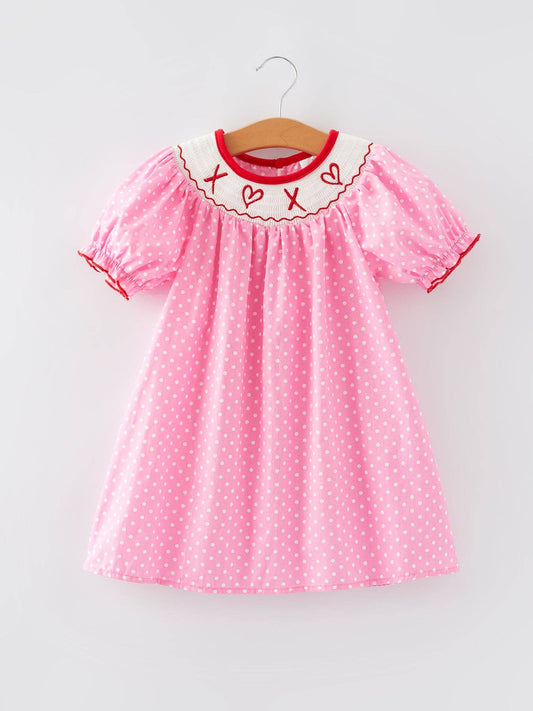 Valentine's Day Girls Smocking Embroidered Polka Dots Dress