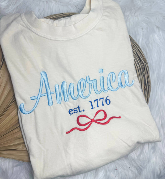1776 America USA Patriotic Embroidery 4th of July Short Sleeve