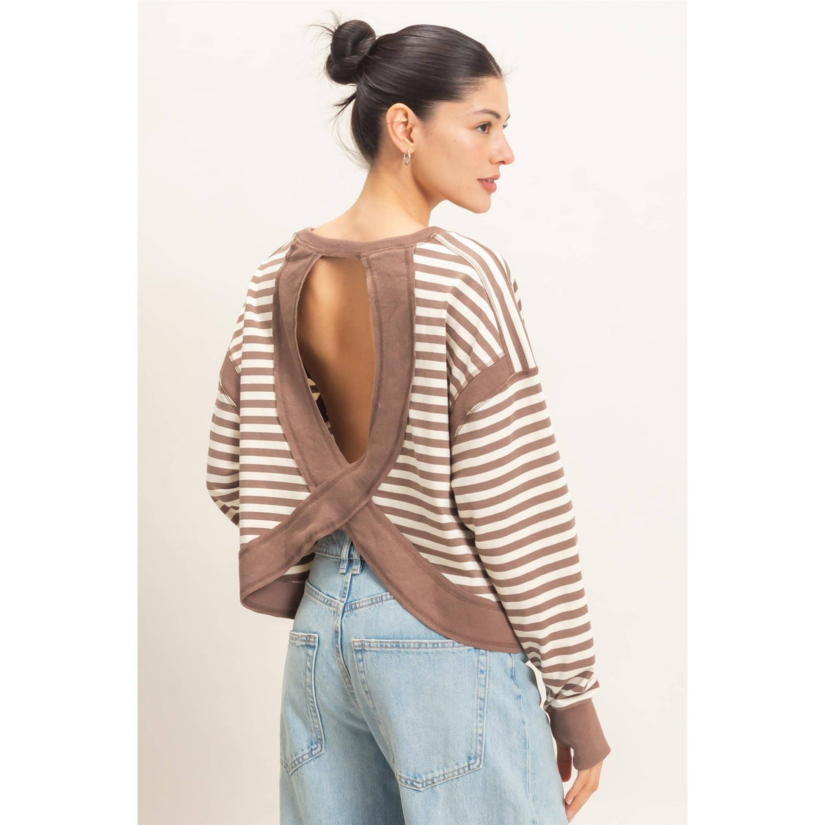 Striped Long Sleeve Top: MOCHA / WHITE