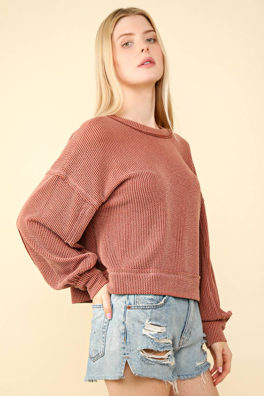 DOORBUSTER Two Tone Otto Ribbed Oversized Soft Comfy knit Top: CEDAR WOOD