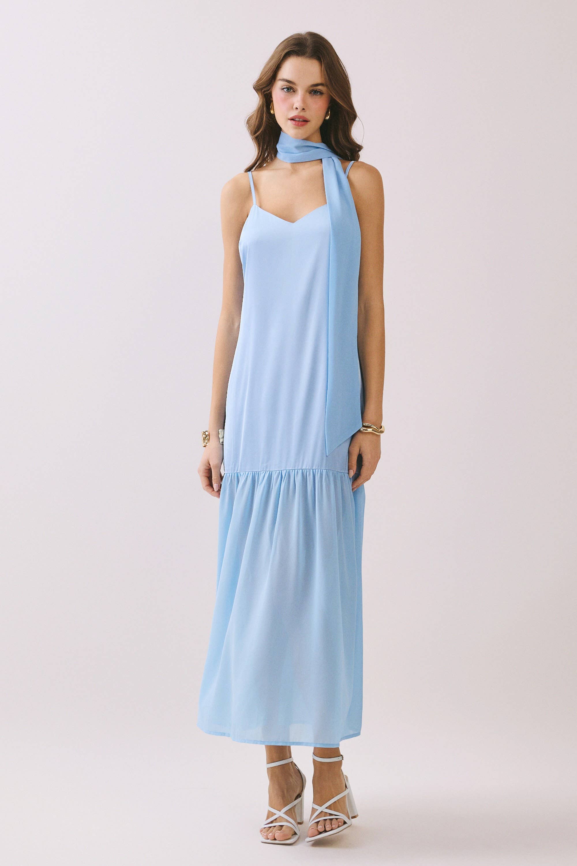 Detached Chiffon Scarf Accent Maxi Dress: Blue