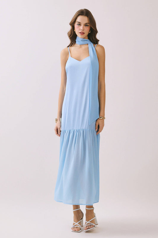 Detached Chiffon Scarf Accent Maxi Dress: Blue
