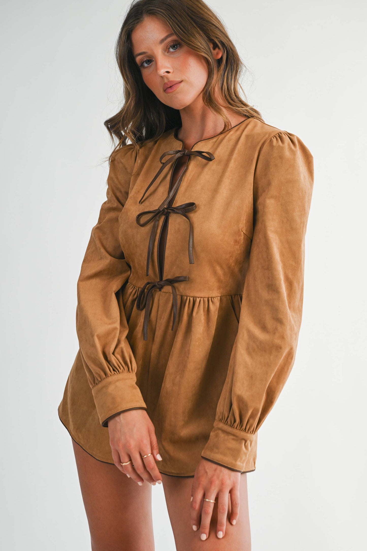 Suede Tie-Front Long Sleeve Romper