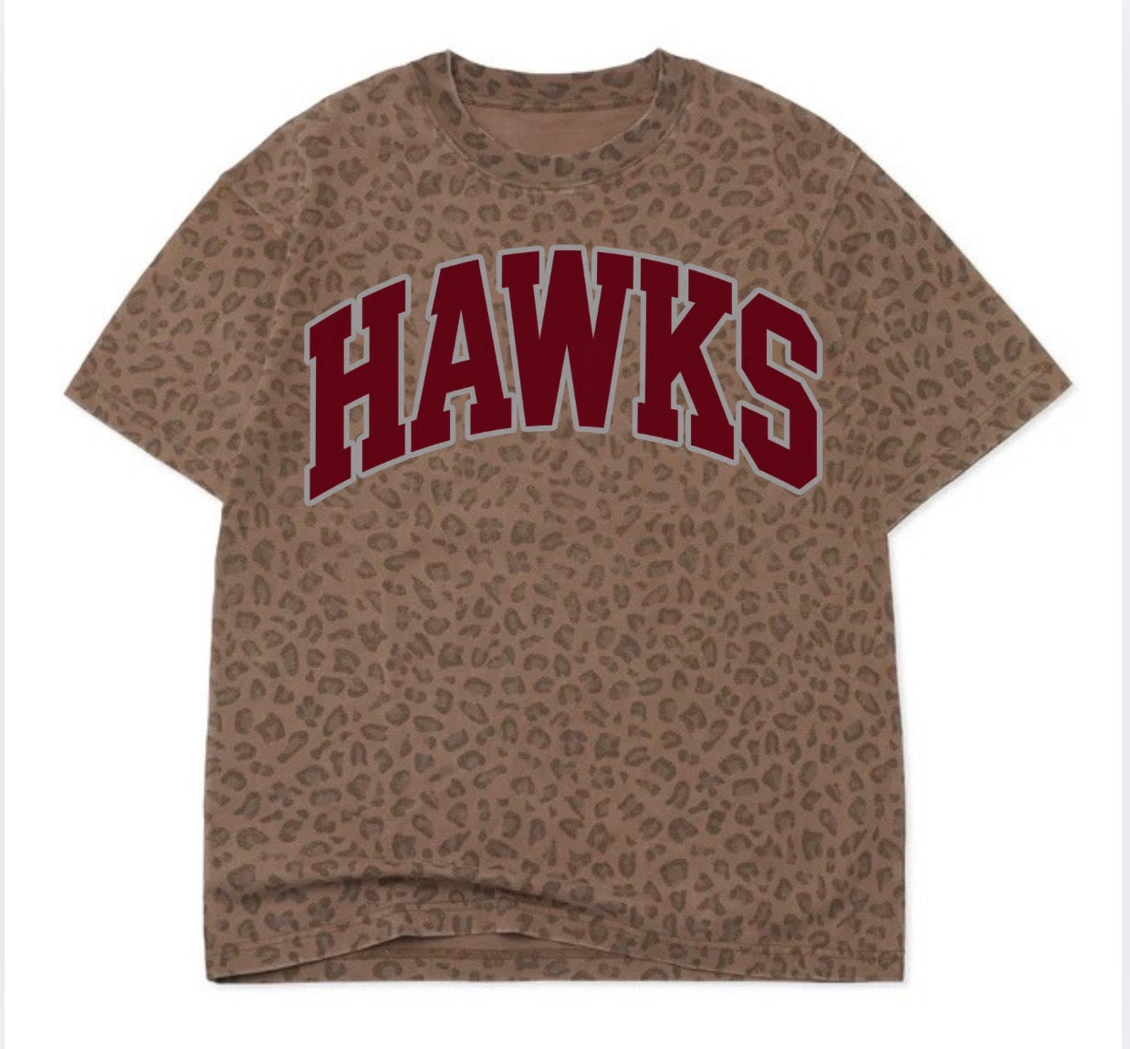 HAWKS varsity on brown leopard tee