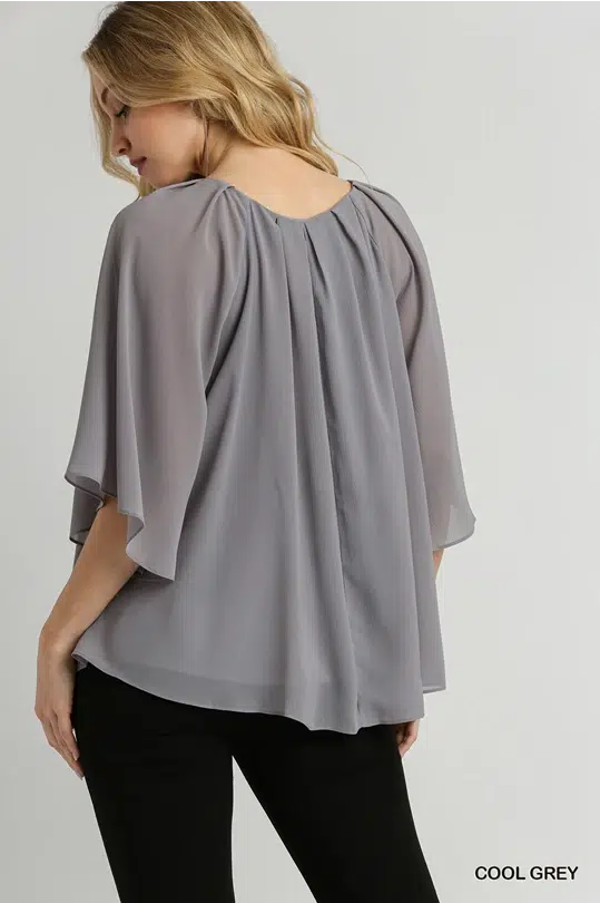 V-Neck Pleated Boxy Cut Top with 3/4 Ruffle Sleeves