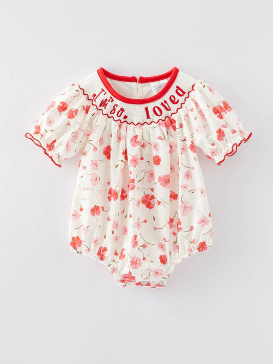 Valentine's Day I'm so loved Smocking Embroidered Girls Romper