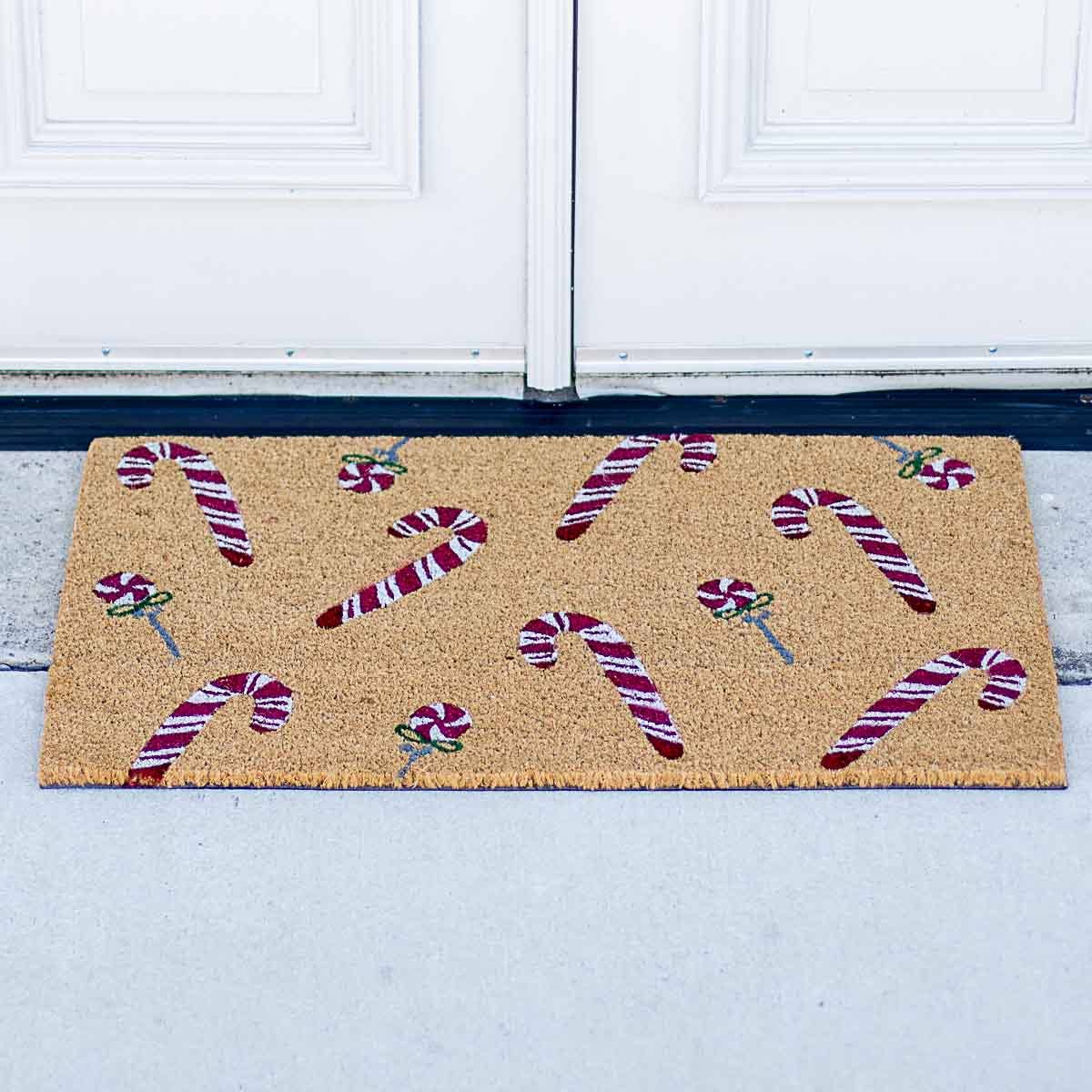 Candy Cane Lane Coir Doormat   Natural/Red/White   30x18