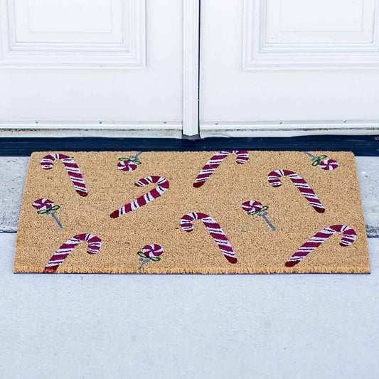 Candy Cane Lane Coir Doormat   Natural/Red/White   30x18