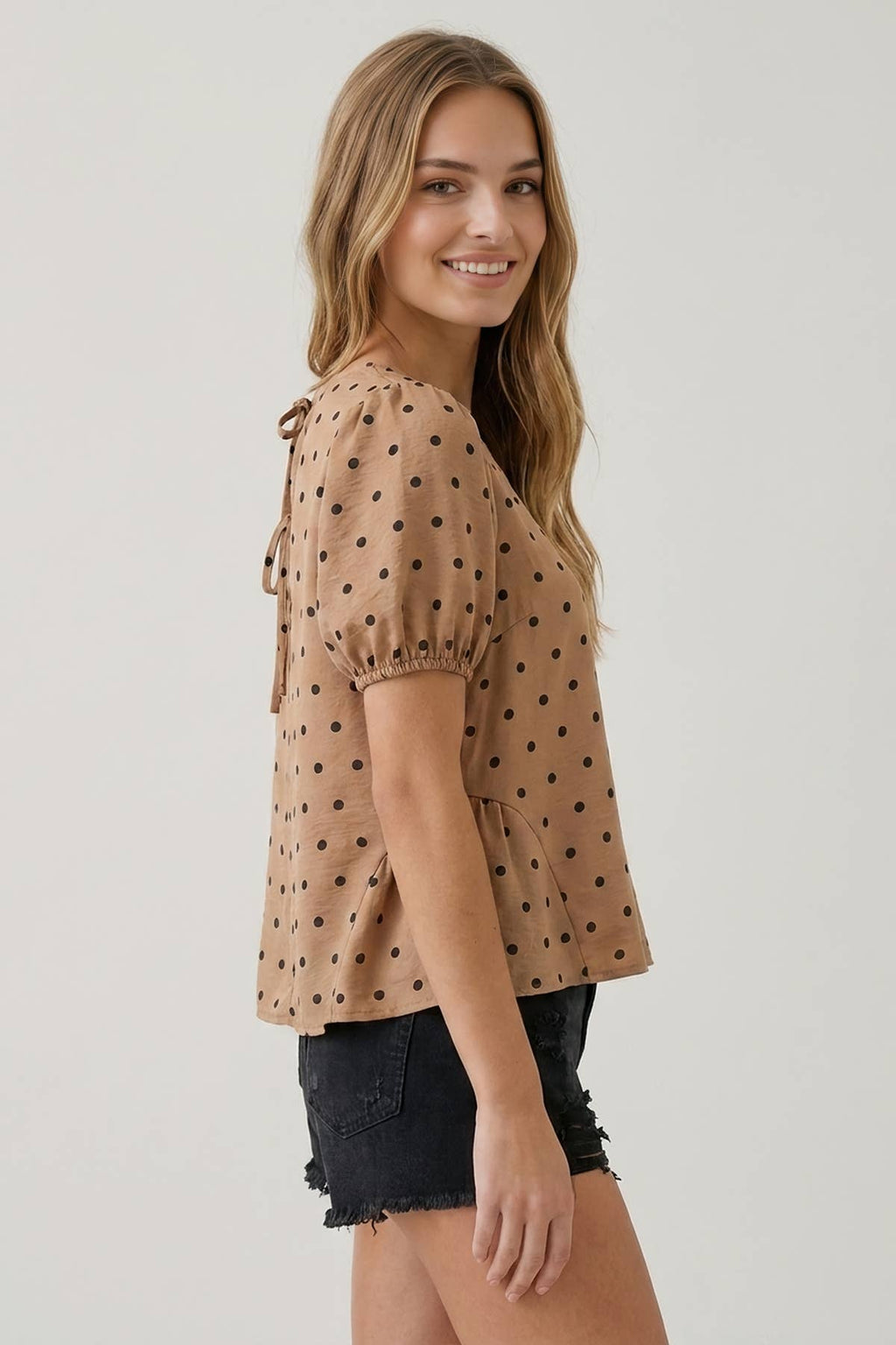 POLKA DOT SSLV PEPLUM BLOUSE - 45917T: Beige / L
