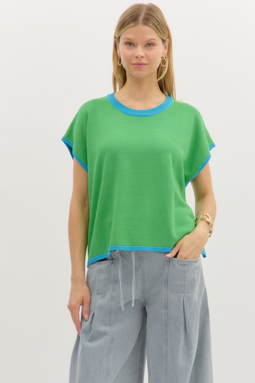 Green Solid sweater knit pullover muscle top featuing contrast ribbed edge accents