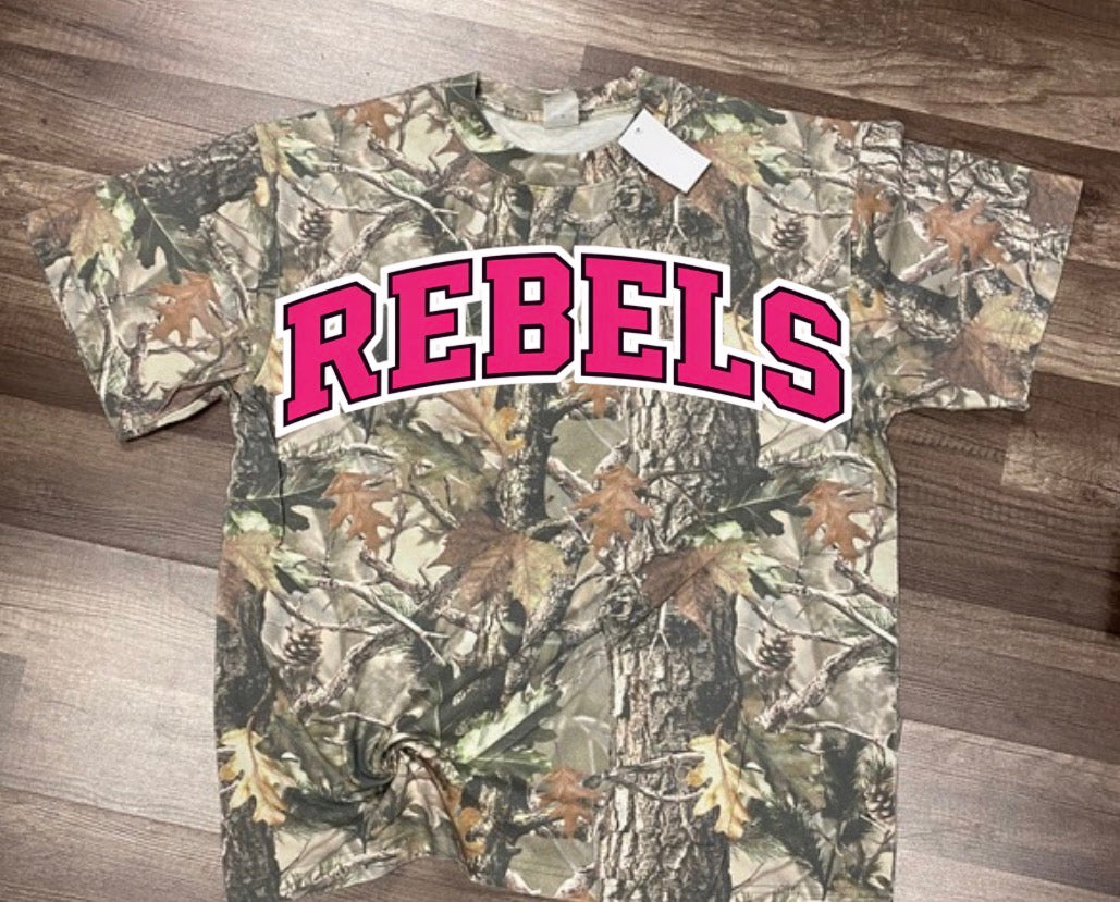 Rebels varsity arch on real tree camo tee