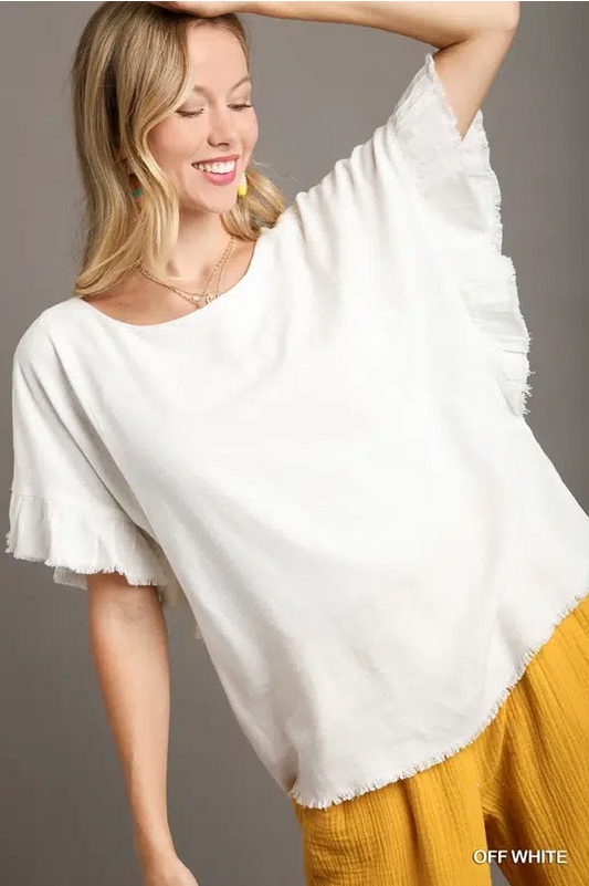 Linen Blend Short Ruffle Sleeve Round Neck Top with Frayed Scoop Hem