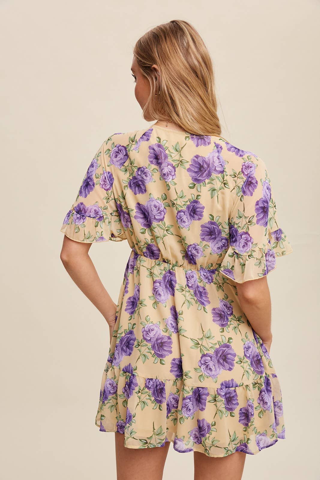 Floral Ruffle Sleeve Mini Dress: Cream