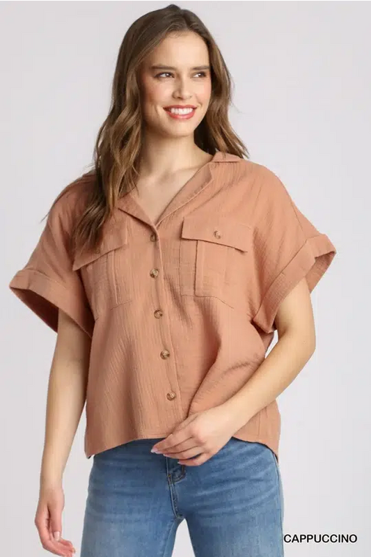 Cotton Gauze Button Down Shirt with Front Chest Pockets & Short Folded Sleeves