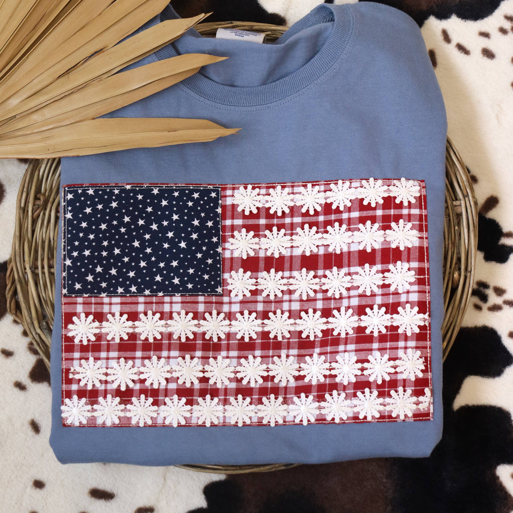 Floral Blue Jean American Flag embroidered tee
