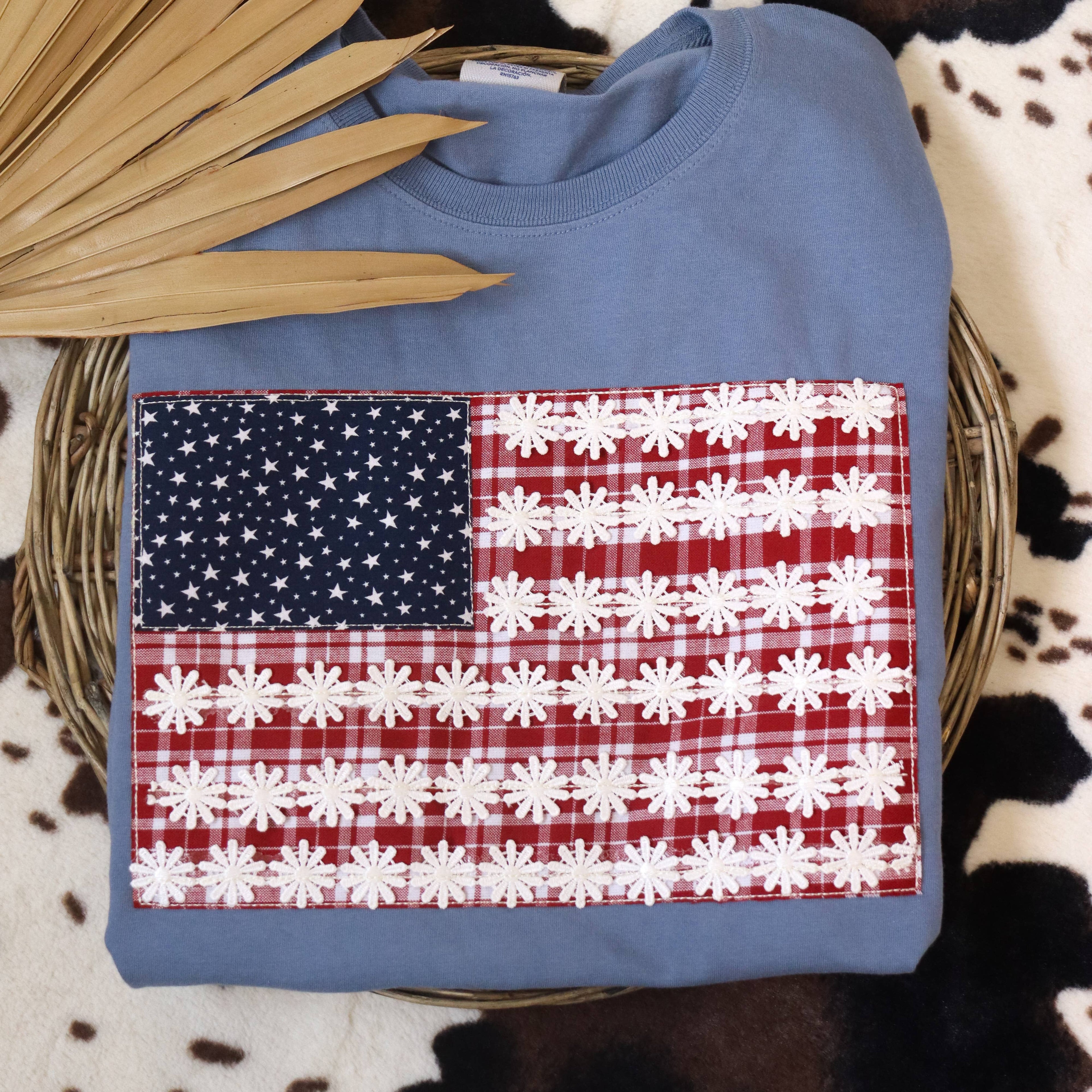 Floral Blue Jean American Flag embroidered tee