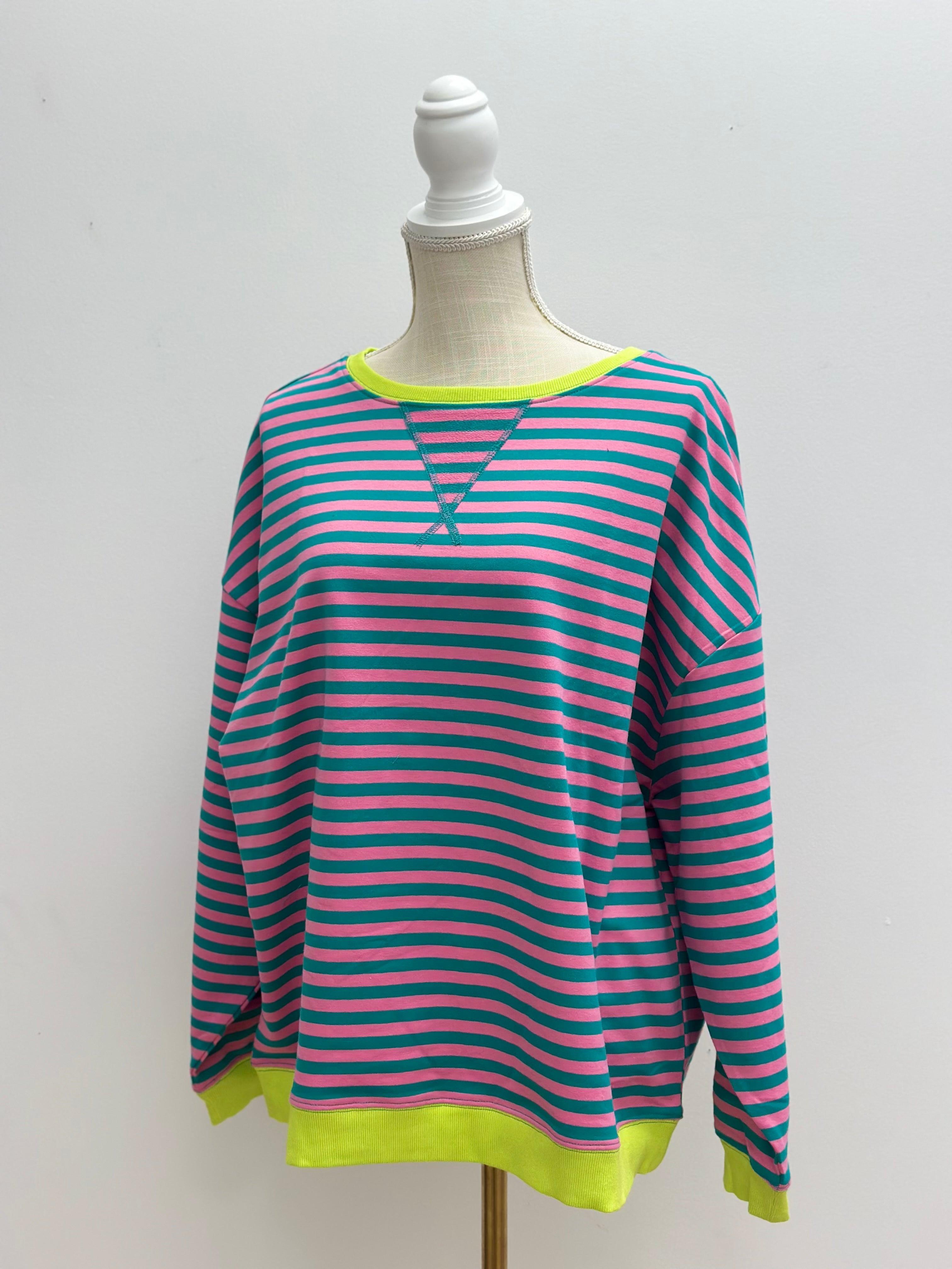 Oversized Striped Long Sleeve Knit Top with contrasting rib