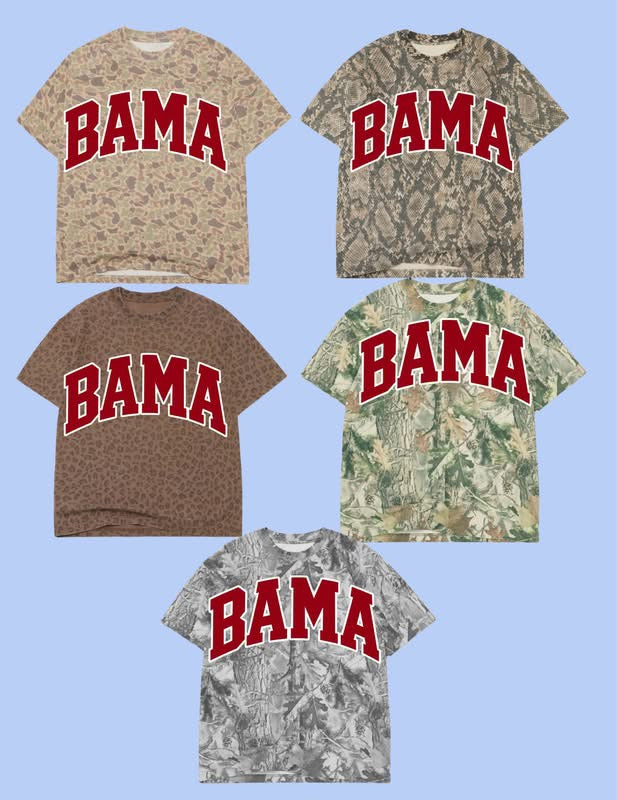 BAMA varsity arch tee- white outline, crimson fill