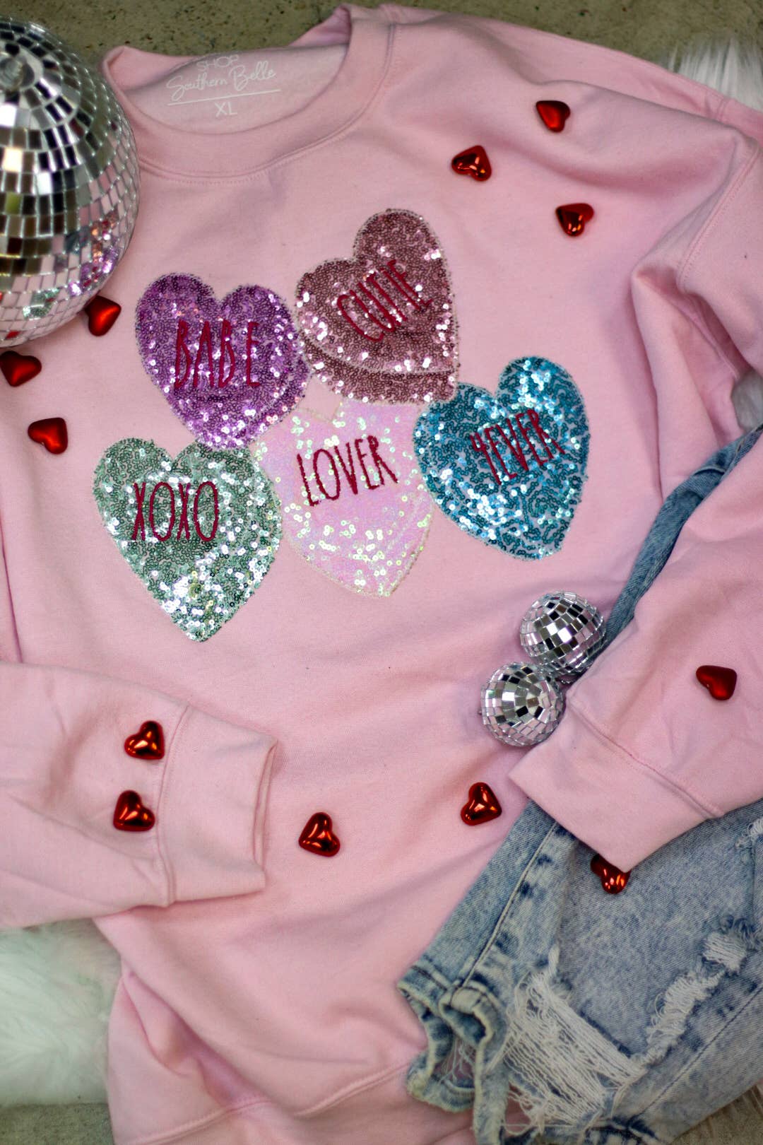 Valentines Conversation Hearts Sequin Appliqué Sweatshirt